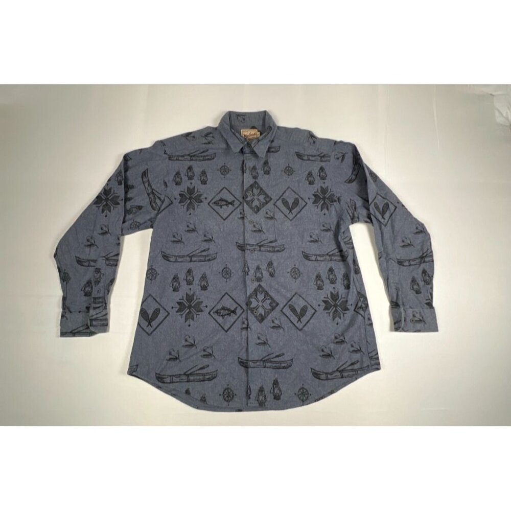 VTG Woolrich Mens XL Blue Fishing Canoe Print Cotton Flannel Shirt Made in USA